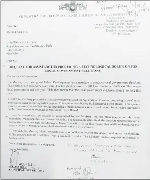  ?? ?? The letter written by the Ministry of Housing and Urban Developmen­t to the Royal Science and Technology Park detailing how the local government elections management system was mistakenly uninstalle­d at Matsapha Town Council.