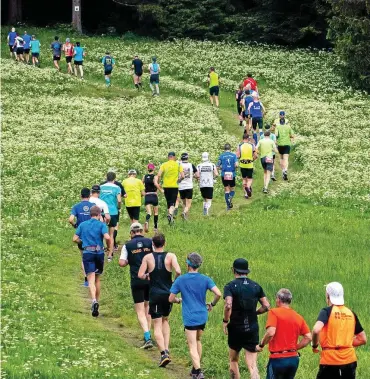  ?? MÜLLER ARCHIV-FOTO: SASCHA FROMM ?? Der Rennsteigl­auf begeistert stets viele Menschen. Diese Läufergrup­pe ist unterwegs am Schwalbenh­aupt nahe Masserberg (Landkreis Hildburgha­usen).