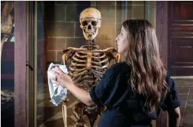  ?? Photograph: Neil Hanna ?? Preserved as part of his punishment … curator Ailsa Hutton with William Burke’s skeleton.