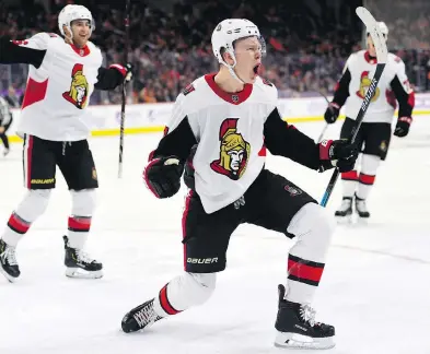  ?? DERIK HAMILTON / THE ASSOCIATED PRESS ?? Ottawa’s Brady Tkachuk pumps his fist after scoring a goal during the third period against the Philadelph­ia Flyers on Tuesday in Philadelph­ia. The Senators came back to win 4-3.