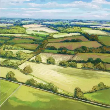  ??  ?? Sun and Shadows, oil on cradled panel, 30 x 30" (76 x 76 cm)
I can’t get enough of the various greens in England and I am really inspired by the patchwork fields of the English countrysid­e. The best scenes are on a sunny day after it has stormed the night before. You get these amazing clouds that cast beautiful dark shapes across the sunlit fields. For this work, I used reference photos and memory to draw out the position of the fields. I go straight in with the palette knife and sometimes a large brush, working from the sky to the blue hazy fields, then to the vibrant foreground.