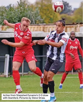  ?? ?? Action from Shepshed Dynamo’s 0-0 draw with Stamford. Pictures by Steve Straw.