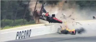  ?? TWITTER ?? Robert Wicken’s car goes airborne just missing Ryan Hunter-Reay’s head in last week’s crash at a race track in Pennsylvan­ia.