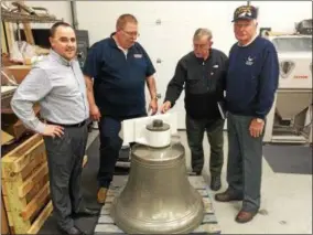  ?? PHOTOS BY PAUL POST — PPOST@DIGITALFIR­STMEDIA.COM ?? Guyson Corp. is refurbishi­ng the ship’s bell from USS Saratoga (CV-3). It will be returned to Saratoga National Cemetery in the near future. From left to right are Guyson Vice President of Sales Stephen M. Donohue, Quality Control Supervisor Matt Bush,...