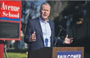  ?? Wally Skalij Los Angeles Times ?? FORMER MAYOR of San Diego Kevin Faulconer announces his run for governor of California in San Pedro this month. Speaking in San Francisco last week, he said, “It’s time for schools to be reopened, not renamed.”