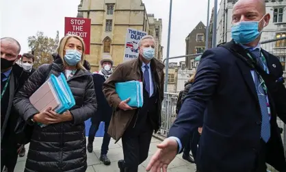  ?? Photograph: Sean Smith/The Guardian ?? The EU’s chief negotiator, Michel Barnier, arrives to continue Brexit talks in London on Monday.