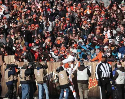  ?? TIM PHILLIS — FOR THE NEWS-HERALD ?? Browns fans celebrate a touchdown against the Panthers.