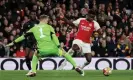  ?? Photograph: David Klein/Reuters ?? Bukayo Saka had a very late shout for a penalty turned down in the first leg after seeming to be brought down by Manuel Neuer.