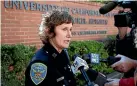  ?? AP ?? San Francisco Police Captain Michelle Jean speaks to reporters about bomb threats sent to dozens of schools, universiti­es and other locations across the US.