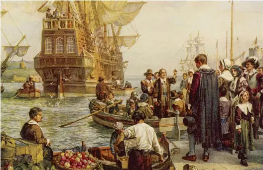  ??  ?? In order to escape religious persecutio­n in England, separatist­s (later dubbed the Pilgrim Fathers) prepare to leave from Plymouth aboard the Mayflower