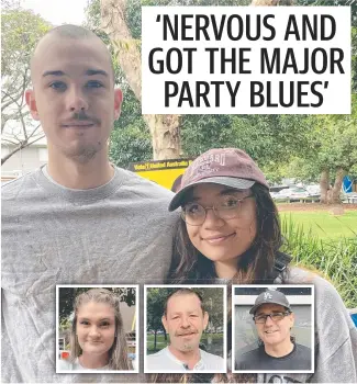  ?? ?? Students Joey Groom and Nicole Jahrig (main) and Violet Riser, Andrew Moore and Scott Roy out voting in the federal election at Southport on Friday.