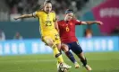  ?? ?? Aitana Bonmatí challenges Sweden’s Elin Rubensson in the Women’s World Cup semifinal. Photograph: Anadolu Agency/Getty Images