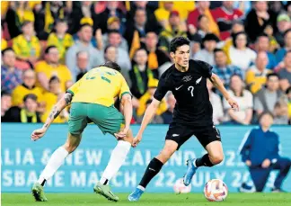  ?? PHOTO / GETTY ?? Elijah Just was particular­ly prominent while terrorisin­g Australia’s defenders in the All Whites’ 1-0 loss on Thursday.