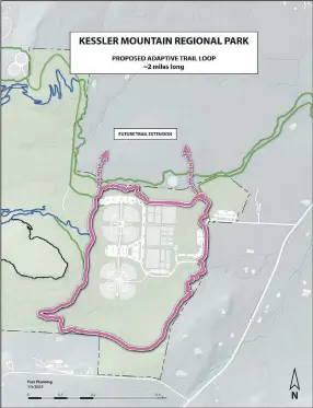  ?? (Courtesy Image/Fayettevil­le) ?? A drawing shows the proposed route for an enhanced Saddle Up trail and loop (purple) at Kessler Mountain Regional Park in Fayettevil­le. The city hopes to make the trail functional for all types of weather for longer periods of the year.