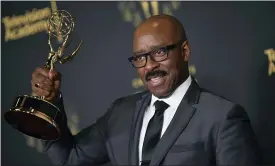  ??  ?? Courtney B. Vance poses with the award for outstandin­g guest actor in a drama series for “Lovecraft Country” on night two of the Creative Arts Emmy Awards in Los Angeles.