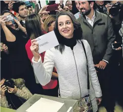  ?? Picture: Getty. ?? Leader of Ciudadanos political party, Ines Arrimadas, casts her vote at a polling station.