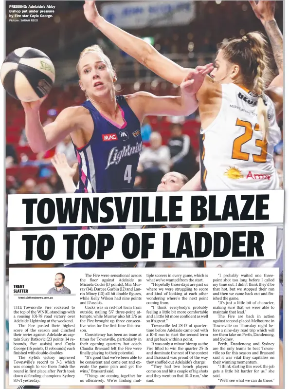  ?? Picture: SARAH REED ?? PRESSING: Adelaide’s Abby Bishop put under pressure by Fire star Cayla George. RESULTS LADDER