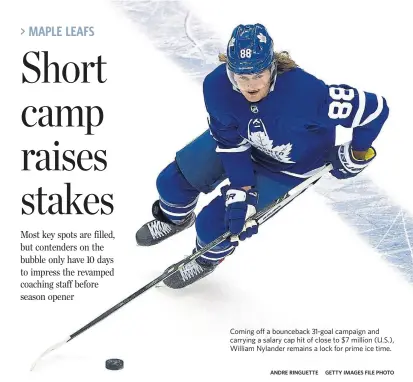  ?? ANDRE RINGUETTE GETTY IMAGES FILE PHOTO ?? Coming off a bounceback 31-goal campaign and carrying a salary cap hit of close to $7 million (U.S.), William Nylander remains a lock for prime ice time.