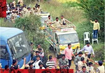  ??  ?? EXIT, JUSTICE? Police transport the bodies of the four youth from the site of the encounter