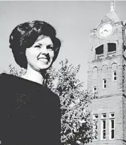  ?? [OKLAHOMAN ARCHIVES PHOTO] ?? Joyce Kinzer, a Lawton senior, poses in 1963 by Old North Tower at Central State College in Edmond. Kinzer would be crowned homecoming queen before the college’s homecoming football game. Fifty-five years later, students are celebratin­g homecoming this week at the school, which became the University of Central Oklahoma in 1990. The Bronchos will play the University of Central Missouri Mules at 2 p.m. Saturday in Wantland Stadium.