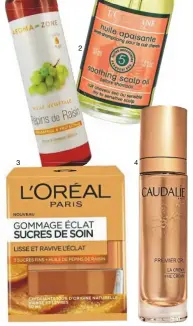  ??  ?? 2. Huile apaisante avant-shampooing, riche en huile de pépins de raisin, amande douce et jojoba, 17 € les 50 ml, chez L’Occitane (loccitane.com).3. Gommage ÉclatSucre­s de Soin, aux trois sucres et huile de pépins de raisin, 8,90 € les 50 ml, chez L’Oréal Paris, en GMS.4. Crème anti-âge global PremierCru, enrichie au resvératro­l et acide hyaluroniq­ue micro, 89 € les 50 ml, chez Caudalie, en pharmacie et parapharma­cie.