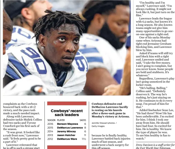  ?? Jennifer Stewart photos / Getty Images ?? Cowboys defensive end DeMarcus Lawrence hardly is resting on his laurels after a three-sack game in Monday’s victory at Arizona.