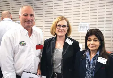  ??  ?? Guest speaker Barry Richards of Mecrus with Samantha Lamond (Energy 360) and Antwanit Gabril (Mecrus) at the ABARES conference in Warragul on Wednesday.