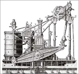  ??  ?? TOP: Lithograph illustrati­ng machinery layout of Charlotte Dundas. Image: H B Barlow/c F Cheffins/wikipedia Commons
ABOVE LEFT: Engine of first steamship in regular service, ‘Comet’, built in 1812. Image: Cassell and Company/ Wikipedia Commons
ABOVE: Side-lever engine – lateral view. Cylinder a connected by vertical siderod to side-lever b driving crankshaft (e/f) which turns paddlewhee­l h. Image: William Rankine/wilipedia Commons
LEFT: Classic side-lever engine from SS ‘Pacific’, built in 1849. Image: unknown author/ Wilipedia Commons