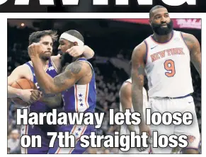  ?? AP (2) ?? EIGHTGHT IS ENOUGH: Kyle O’Quinn walks away as TT.JJ. McConnell (far lefleft) celebrates his triple-double with teammate Trevor Booker in the Knicks’ 108-92 loss to the 76ers on Monday, a game in which Tim Hardaway Jr. (right) finished 0-for-8 from...