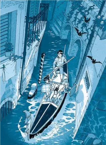  ??  ?? Una delle tavole del romanzo per ragazzi di Marco Alverà, illustrato da Luca Saponti. Ambientato a Venezia,, attraverso l’avventura di tre ragazzi racconta come l’idrogeno può diventare il futuro dell’energia