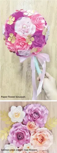  ??  ?? Paper flower bouquet. Salmon-pink-cream rose flowers