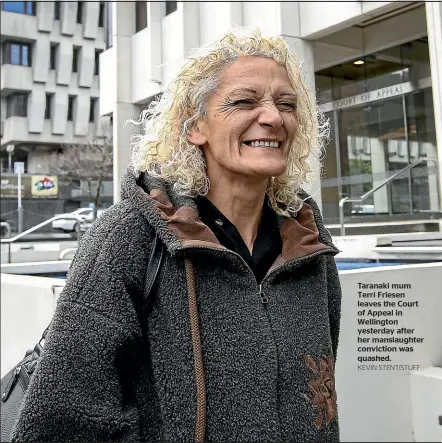  ?? KEVIN STENT/STUFF ?? Taranaki mum Terri Friesen leaves the Court of Appeal in Wellington yesterday after her manslaught­er conviction was quashed.