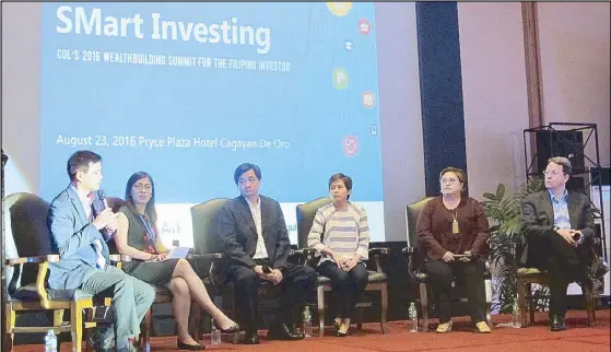  ??  ?? From left: Marvin Fausto, consultant at COL Financial; April Lee Tan, head of research at COL Financial; Richard Tan, FVP of investor relations and corporate planning at BDO Unibank; Teresa Cecilia Reyes-Agsalud, VP for finance at SM Prime Holdings;...