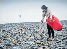  ?? ?? The good fight: a volunteer clears rubbish from the beach in Aberystwyt­h, Wales