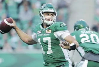  ?? MARK TAYLOR/THE CANADIAN PRESS ?? Saskatchew­an Roughrider­s quarterbac­k Zach Collaros is sidelined after suffering a head injury in Week 2. The Riders won with Collaros in Week 1 before losing two games without him.