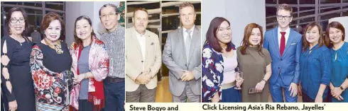  ??  ?? Click Licensing Asia’s Ria Rebano, Jayelles’ Ina Bugayong with David Ambrus, Suzette Morelos and Nikki DR Aguinaldo Steve Bogyo and Ambassador of Hungary Jozsef Bencze Wilcon senior executive VP Rose Ang, Nini Layug with Hoseki owners Zabeth and Fai Co.