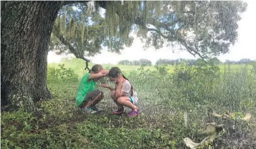  ?? Marc Schmidt A24 ?? MOONEE (Brooklynn Prince), left, and her friend Jancey (Valeria Cotto) are out in the rain in “The Florida Project.”