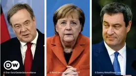  ??  ?? Wer folgt ihr nach? NRW-Ministerpr­äsident Armin Laschet (v.l.n.r.), Bundeskanz­lerin Angela Merkel (beide CDU) und der bayerische Ministerpr­äsident Markus Söder (CSU)