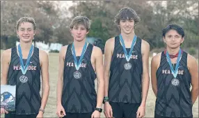  ?? ?? The Pea Ridge Blackhawk cross country runners took second in the Greenwood meet Thursday, Oct. 7. Senior high boys individual medalists were, from left, Tian Grant, second; Grandon Grant, fifth; Troy Ferguson, 14th; and Sebasttien Mullikin, 15th.