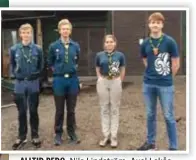  ?? FOTO: TOMAS STARK ?? ALLTID REDO. Nils Lindström, Axel Lekås, Judith Wollin och Albin Haglund tillhör Utmanarna, en grupp i Sollentuna Södra Scoutkår. Här är de vid Skutan, kårens lokal vid Edsviken.