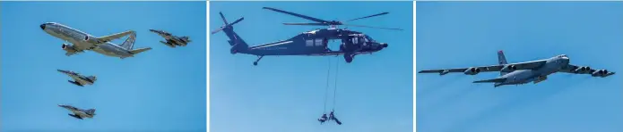 ?? FOTOS JUAN ANTONIO SÁNCHEZ ?? Los aviones de la Fuerza Aérea Colombiana fueron los encargados de iniciar el espectácul­o. El helicópter­o MH-60L Angel de la Fuerza Aérea Colombiana ejecutó maniobras y simulacro de rescate. El imponente bombardero Boeing B-52 Stratofort­ress de Estados...