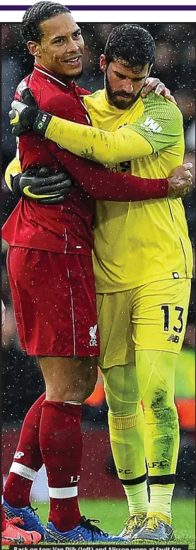  ?? GETTY IMAGES ?? Back on top: Van Dijk (left) and Alisson were at fault for Fulham’s goal, but hug after the whistle