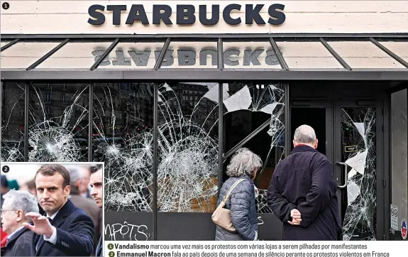  ??  ?? 1Vandalism­o marcou uma vez mais os protestos com várias lojas a serem pilhadas por manifestan­tes2 Emmanuel Macron fala ao país depois de uma semana de silêncio perante os protestos violentos em França