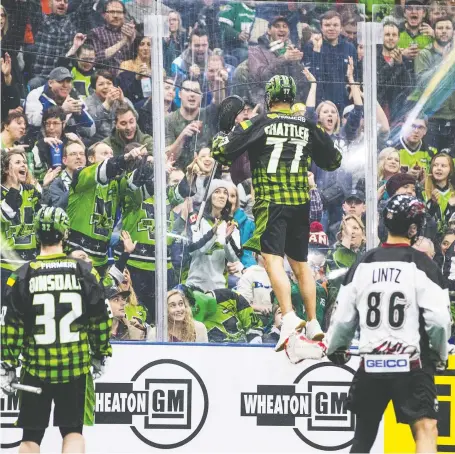  ?? MATT SMITH ?? Saskatchew­an Rush forward Jeff Shattler gets airborne after a goal during first-half action against the Colorado Mammoth at Sasktel Centre on Jan. 18. Goal celebratio­ns at home haven’t occurred as frequently as the team would like, as the Rush are just 1-2 at Sasktel but 5-0 on the road.