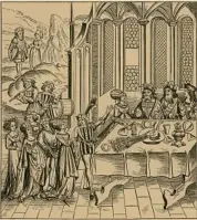  ??  ?? Left: a Tudor-style banquet at Haddon Hall. Middle: Christmas lunch in a Georgian hall. Above: a medieval banquet serving up peacock.