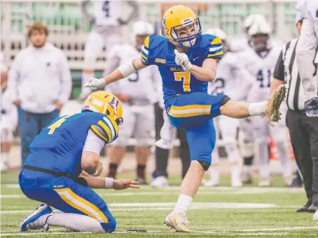  ?? OWEN WOYTOWICH ?? Saskatoon’s Rylan Kleiter boots a field goal in a Prairie Football Conference semi-final victory at SMF Field on Oct. 20. Kleiter has converted 18 of 22 fieldgoal attempts this season and also caught 27 passes for 376 yards and four touchdowns.