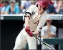  ?? NWA Democrat-Gazette/BEN GOFF ?? Arkansas sophomore outfielder Heston Kjerstad hits a RBI single against Texas during last year’s College World Series at TD Ameritrade Park in Omaha, Neb. The Razorbacks will face the Longhorns in a two-game series starting tonight in Austin, Texas.