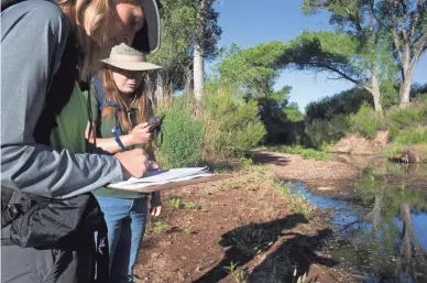  ?? MARK HENLE/THE REPUBLIC ?? Jennifer Varin, right, takes down GPS coordinate­s while her sister Sharon Flissar logs the location during a survey mapping wet and dry stretches of the San Pedro River.