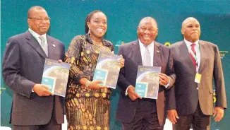  ?? Photo: NAN ?? From left: Amb. Albert Muchango, African Union Commission­er for Trade and Transport; Minister of Finance, Mrs Kemi Adeosun; South African President, Cyril Ramaphosa; and President/Chairman, Board of Directors of Afreximban­k, Dr Okey Oramah, during the...