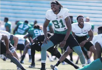  ?? MICHELLE BERG ?? Bakari Grant, shown in this file photo, displayed his juggling skills at the Saskatchew­an Roughrider­s’ training camp Tuesday, where he kept three tennis balls in the air longer than teammate Caleb Holley.